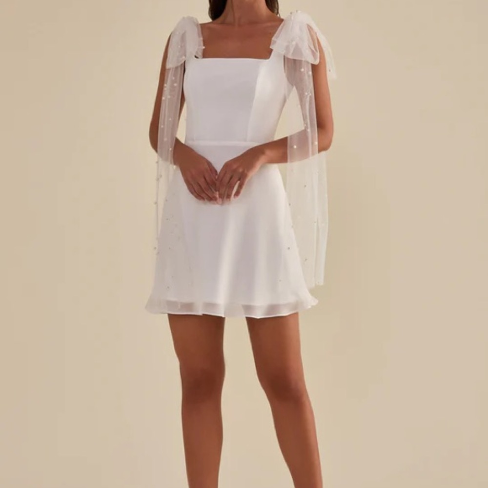 Birdy Grey White Ruched Mini Dress with Square Neck and removable Pearl bows